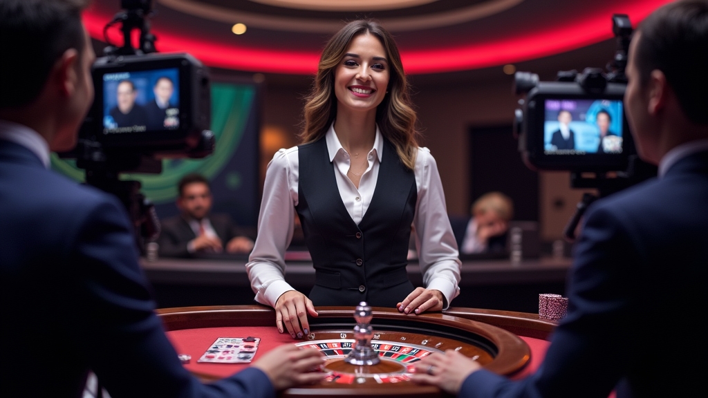 Crupiê em estúdio de cassino ao vivo com mesa iluminada e fichas visíveis