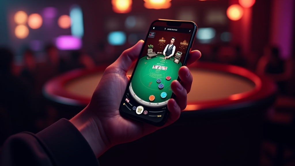 Celular exibindo uma mesa de cassino ao vivo com ambiente escuro e luzes neon