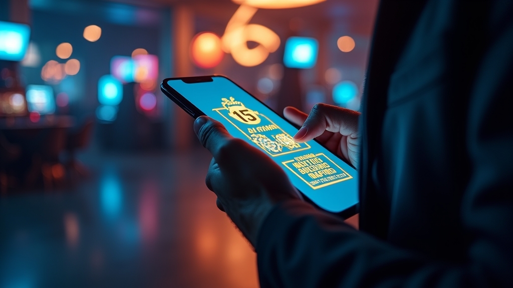 Pessoa analisando um bônus 9bet em um celular dentro de um cassino iluminado