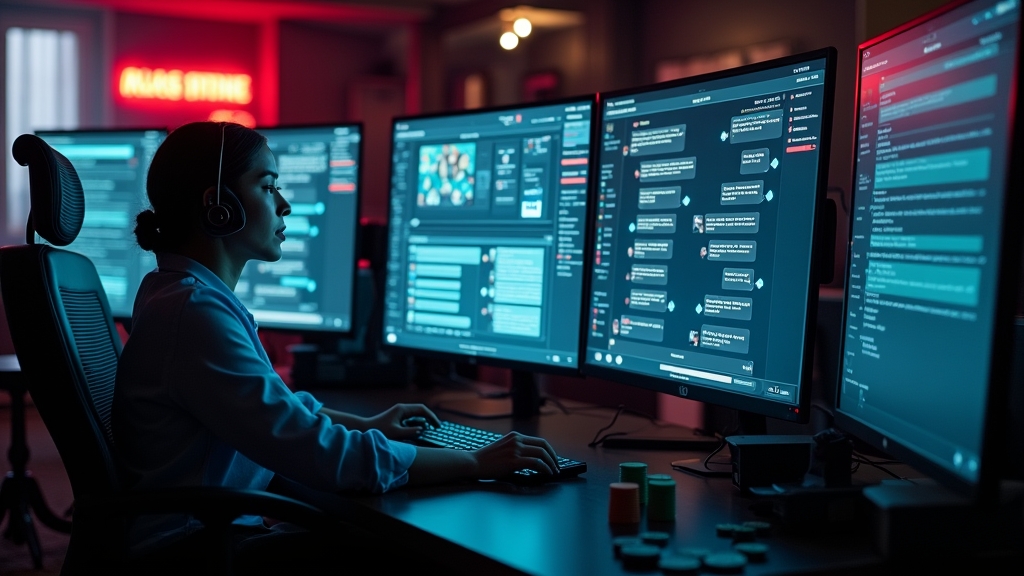 Atendente respondendo chat em ambiente de suporte com telas e luz neon