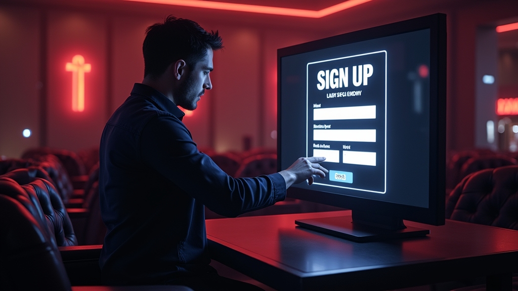 Usuário preenchendo cadastro em tela de registro com luz neon no cassino
